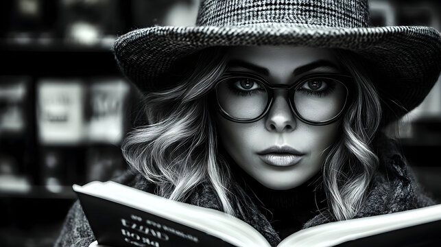 Woman Reads Book in Library: Literature, Knowledge, Quietly