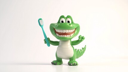 Fototapeta premium A green cartoon dinosaur character joyfully holding a toothbrush with a big smile.