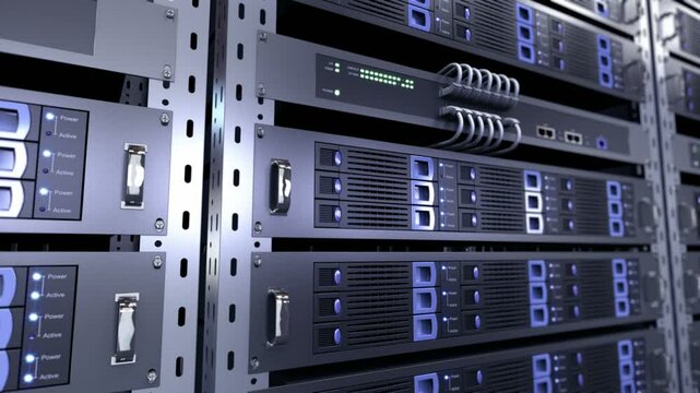 Dta servers while working. LED lights are flashing. Video can represent cloud computing, information storage, etc. Perfect technology background. Loopable.
