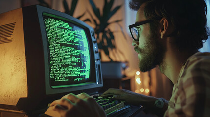 Man Programming on a Vintage Computer in a Dark Room