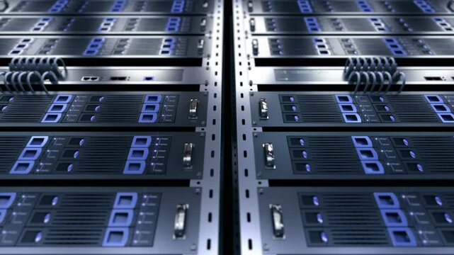 Dta servers while working. LED lights are flashing. Video can represent cloud computing, information storage, etc. Perfect technology background. Loopable.
