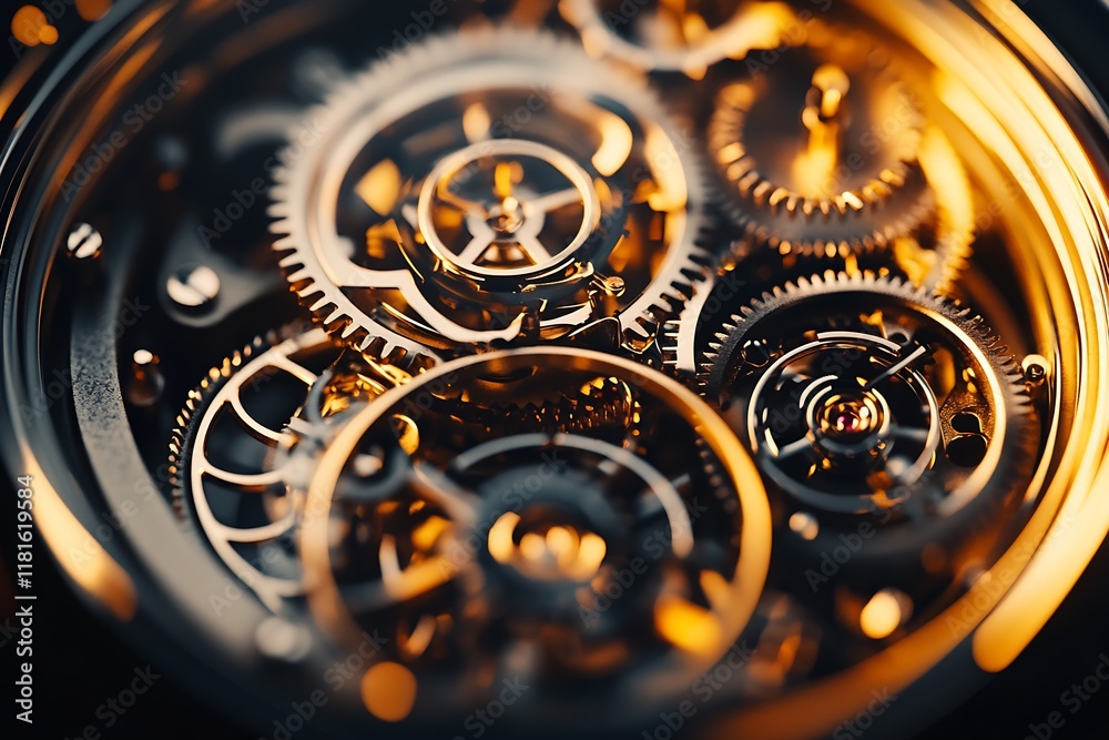 Poster detailed mechanism of gears in clockwork closeup highlighting vibrant steampunk aesthetics : generat