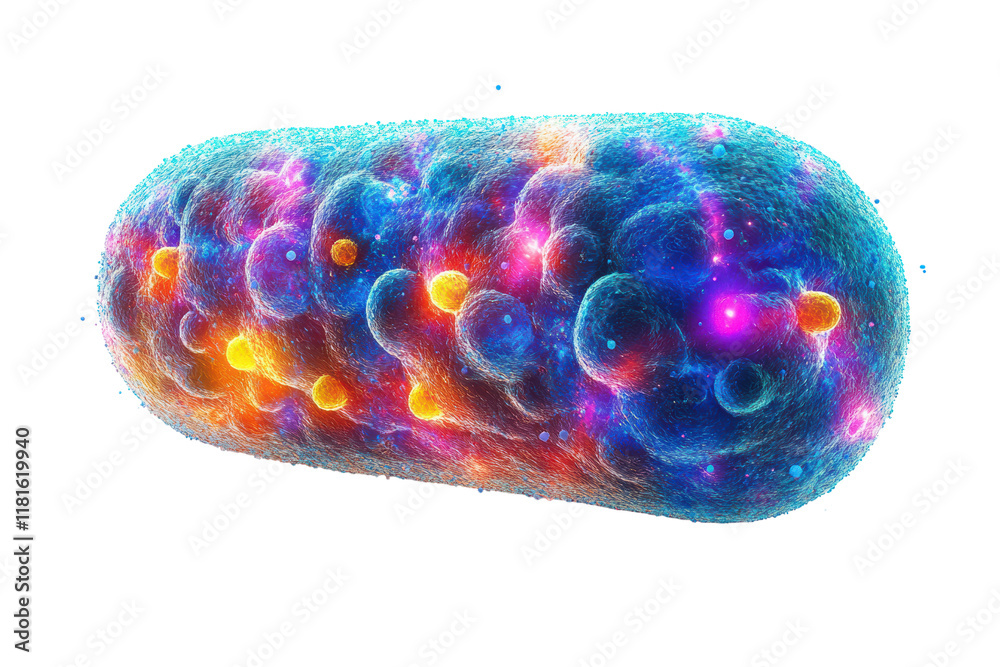 Poster a vibrant, abstract representation of a cell exhibiting cosmic patterns and colors, isolated on a bl