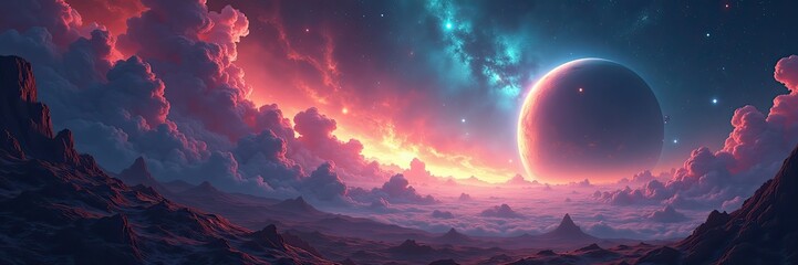 Exoplanetary Vista with Dreamlike Clouds and Distant Planet in a Glowing Sky