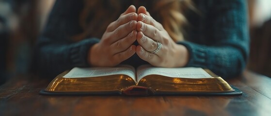 Obraz premium Christian family group praying in worship, hands held in unity, Bible on a wooden table, prayer meeting setting in church community, faithbased devotion and belief