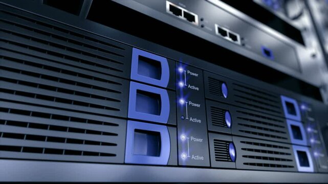 Dta servers while working. LED lights are flashing. Video can represent cloud computing, information storage, etc. Perfect technology background. Loopable.

