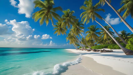 Stunning Tropical Beach with Swaying Palm Trees and Clear Waters