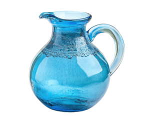 Blue glass pitcher with curved handle and spout, glossy translucent finish, decorative tableware for serving beverages or artistic display isolated on transparent background