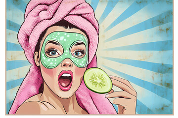 Pop art illustration of a housewife with an open mouth, wearing a bath towel and cosmetic mask, holding a slice of cucumber, featuring vibrant pink and blue colors, shiny effects, and retro comic book