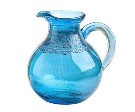 Blue glass pitcher with curved handle and spout, glossy translucent finish, decorative tableware for serving beverages or artistic display isolated on transparent background