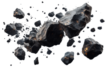 Shattering asteroid rock with fiery explosion, realistic space debris impact effect, celestial collision concept for sci-fi designs isolated on transparent background