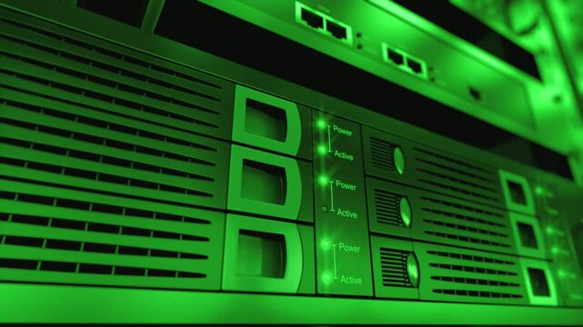 Dta servers while working. LED lights are flashing. Video can represent cloud computing, information storage, etc. Perfect technology background. Loopable.
