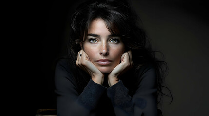Fototapeta premium Woman Rests Chin Thoughtfully in Dark Room with Subtle Lighting