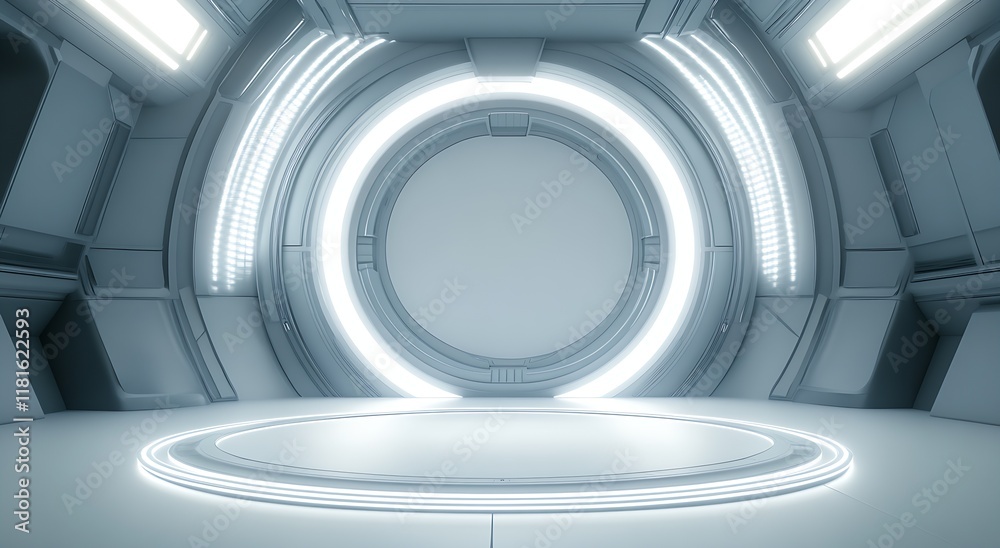 Poster Empty futuristic chamber with luminous circular doorway and sci-fi elements : Generative AI