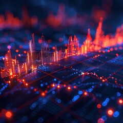 Fototapeta premium Abstract digital visualization of financial data trends represented by glowing red and blue line graphs against a dark background