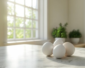 Cozy kitchen interior with fresh eggs bathed in natural sunlight streaming through a large window, showcasing a bright and airy atmosphere The marble countertop gleams, highlighting the pristine