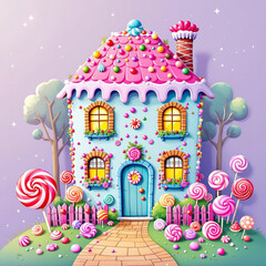 Fototapeta premium colorful house illustration decorated with candy and lollipops