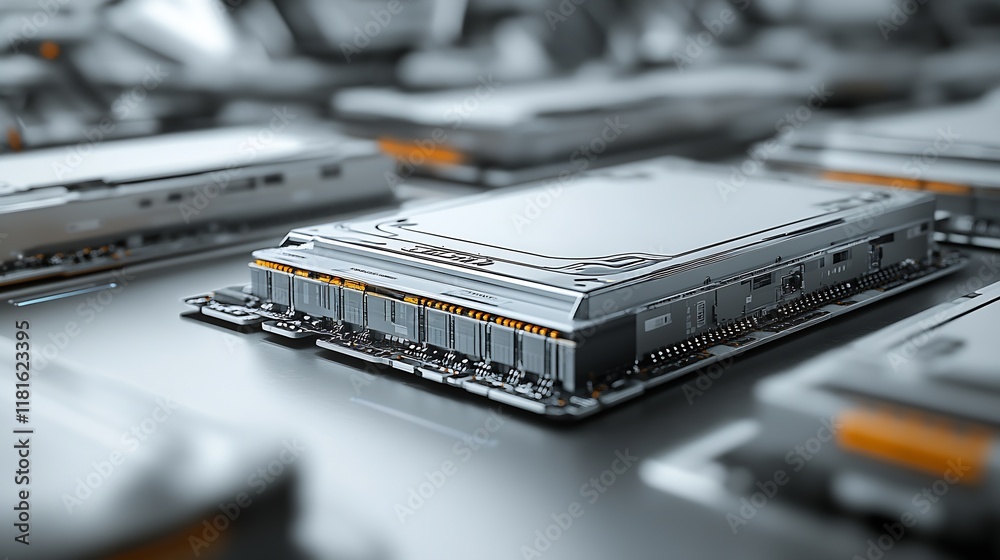 Fototapete Closeup of Advanced Circuit Board with Microchip in Futuristic Electronics : Generative AI