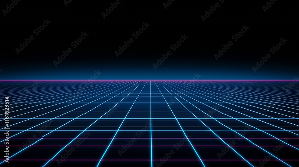 Poster retro futuristic neon grid with endless perspective evoking 1980s aesthetic digital design : generat