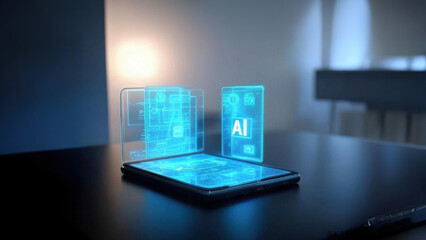 Futuristic mobile with AI agents projecting a holographic interface