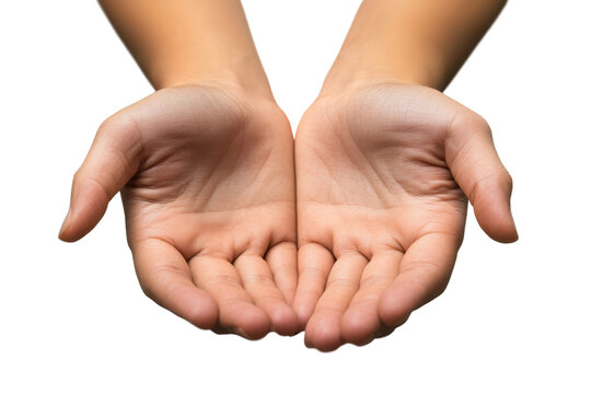 Pair of open cupped hands with soft skin and natural texture, asking or offering gesture, symbolic concept of giving isolated on transparent background