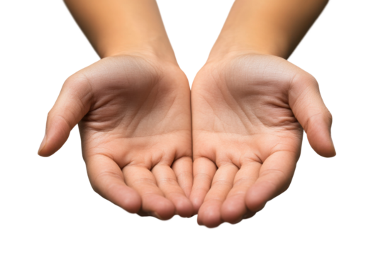 Pair of open cupped hands with soft skin and natural texture, asking or offering gesture, symbolic concept of giving isolated on transparent background