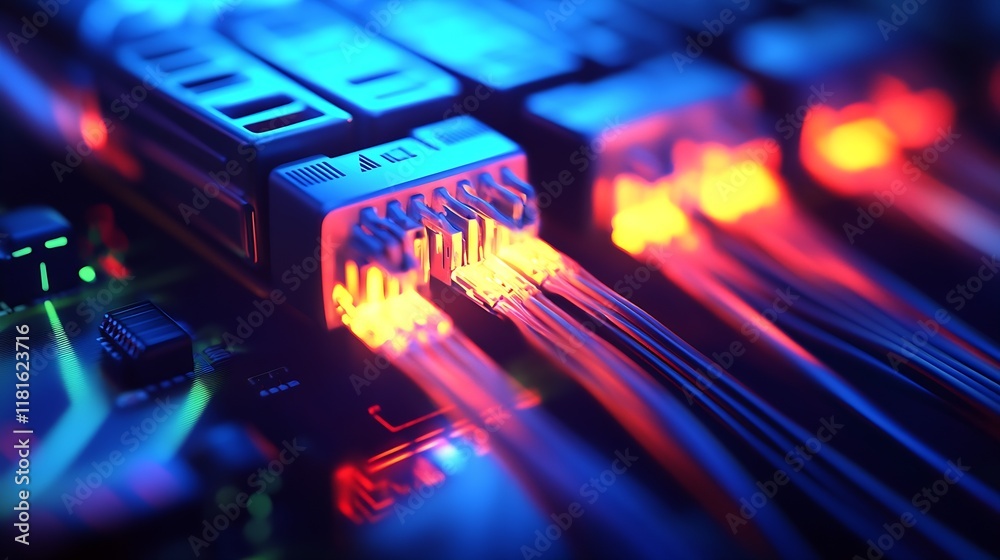 Poster Glowing Network Data Processing Cables with LED Connections : Generative AI
