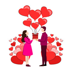 A romantic scene of Valentine's Day, that moment showed a person giving gift to their partner. The person has a warm smile and holding up a gift and heart shaped balloon