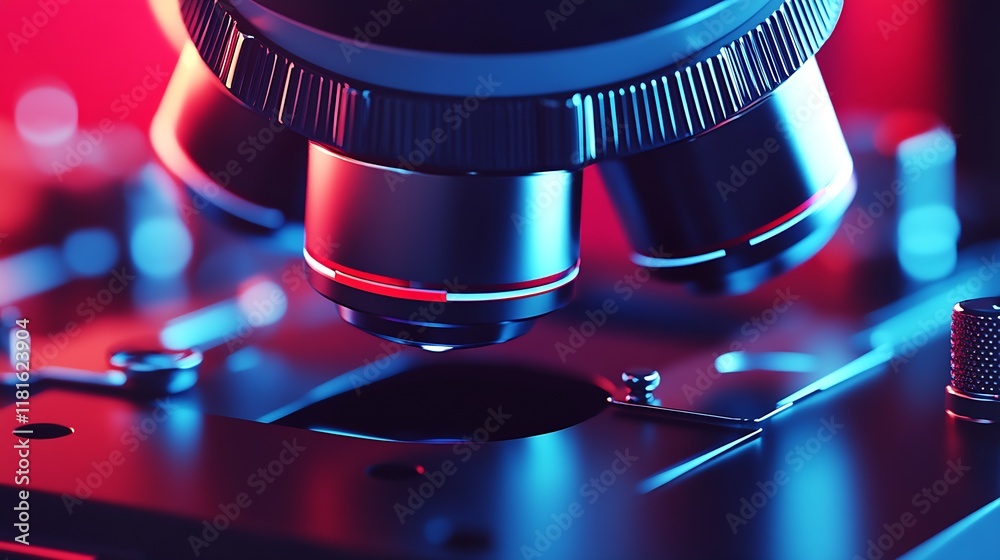 Aufkleber vibrant closeup of microscope lenses with futuristic red and blue lighting for science research visu