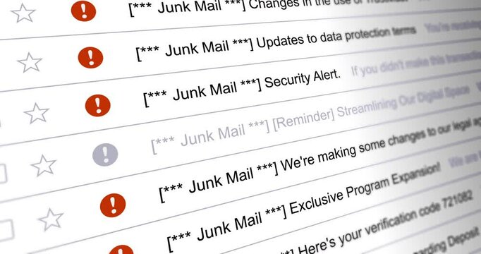 Scrolling list of junk emails, rows scroll of spam mail, seamless loop footage close up, footage