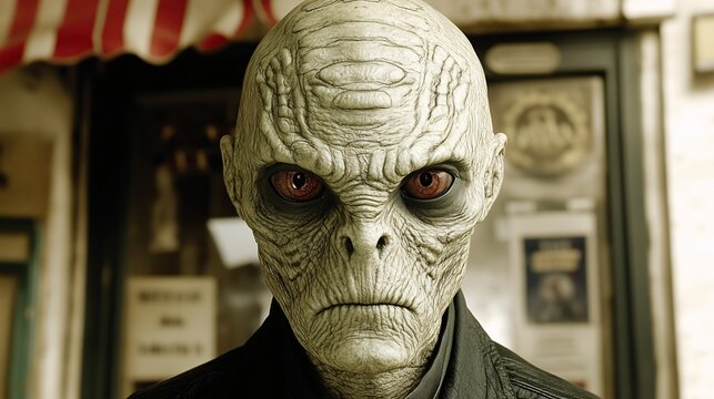 Close-up of an alien-like humanoid with textured skin and intense eyes. Great for sci-fi or horror concepts.