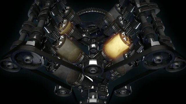 Close-up shot of a working V8 engine with exploding fuel effect. Pistons, camshaft, valves and other mechanical parts are in motion
