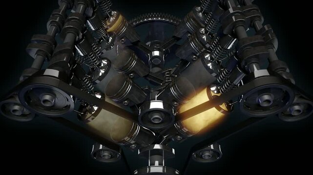 Close-up shot of a working V8 engine with exploding fuel effect. Pistons, camshaft, valves and other mechanical parts are in motion
