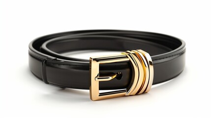 A designer belt with a bold gold buckle, isolated on a white background.