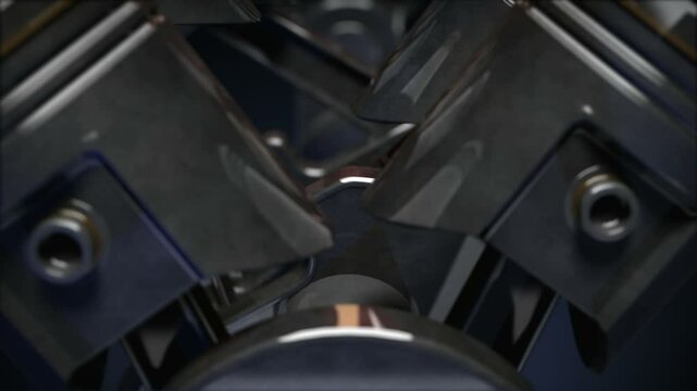 Close-up shot of a working V8 engine with exploding fuel effect. Pistons, camshaft, valves and other mechanical parts are in motion
