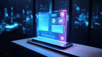 Futuristic mobile with AI agents projecting a holographic interface