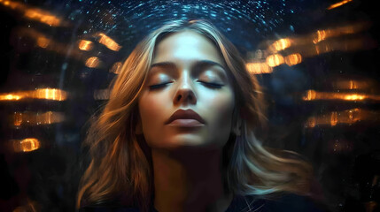 Woman Dreams with Closed Eyes, Light and Shadow in Deep Sleep and Relaxation