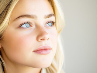 Naklejka premium Close-up portrait of a young woman with blonde hair and blue eyes looking into the distance, expressing hope and positivity. Ideal for concepts of dreams and aspirations.