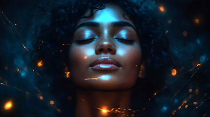 Face Glowing Skin with Closed Eyes Shines Brightly Under Sparkles