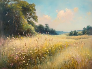 Golden Meadow Painting with Tall Grass, Wildflowers, and Distant Hills under a Sunny Sky.