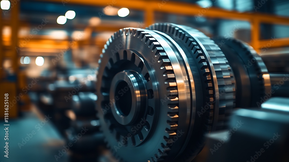 Fototapete modern industrial gear assemblies on a production line in bright factory setting highlighting engine
