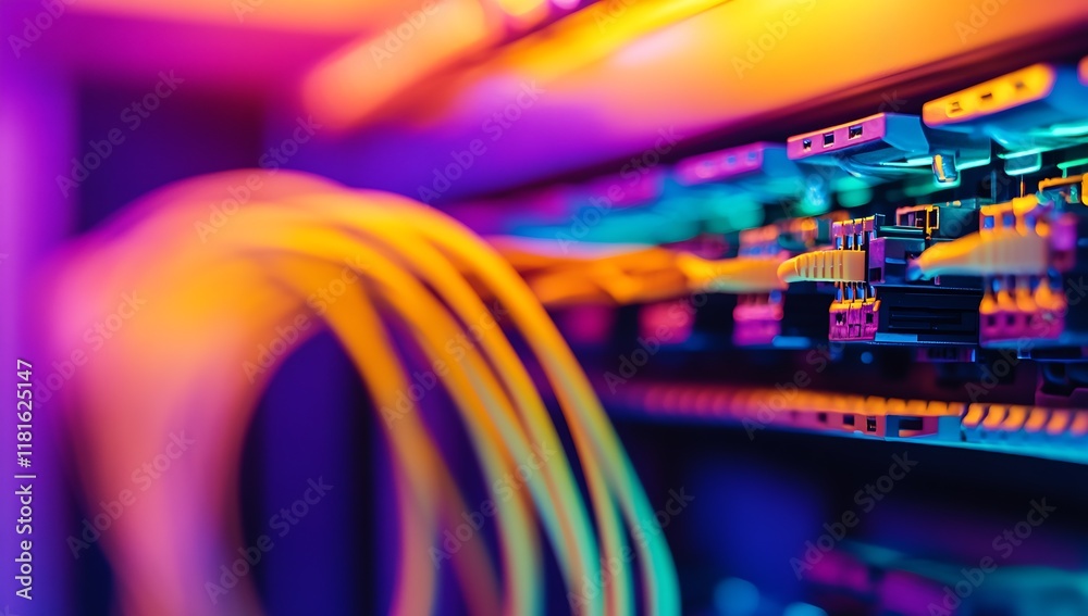 Poster Colorful Network Switch with Ethernet Cables in Data Center Environment : Generative AI