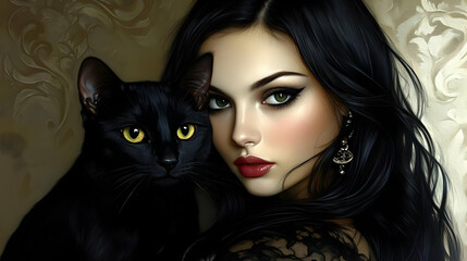 Black Cat and Woman Share a Glance Serenely Together