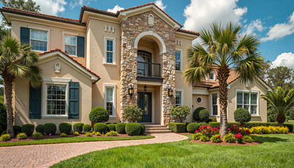 Obraz premium Elegant landscape of a beautiful house with lush garden and vibrant flowers under sunny blue sky