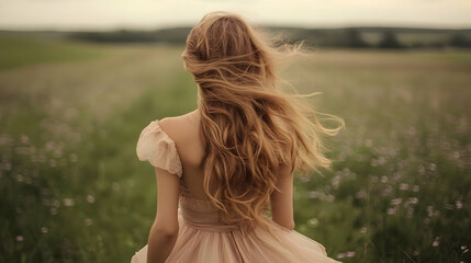 Woman Walks Through Field with Flowing Hair in Gentle Breeze