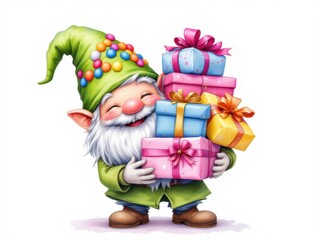 Whimsical elf holding colorful gift boxes for a festive holiday celebration