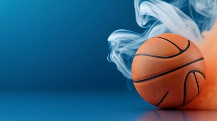 Stunning Close-Up Photo: Basketball Mysteriously Emerging from Smoke on Blue Background. AI Generated