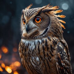 A magical owl with feather tips glowing like embers, clear background.