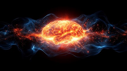 Futuristic graphic depicting brain training with a glowing brain surrounded by light waves and neurons forming new pathways symbolizing cognitive growth