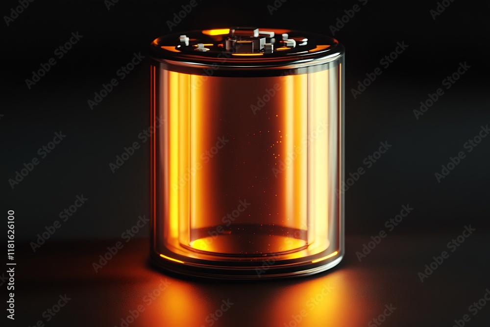 Poster transparent battery glowing with orange light in dark setting : generative ai